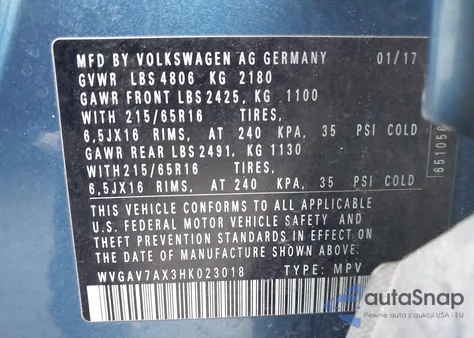 2017 Volkswagen Tiguan 2.0T/2.0T S z USA, uszkodzony, nr VIN WVGAV7AX3HK023018